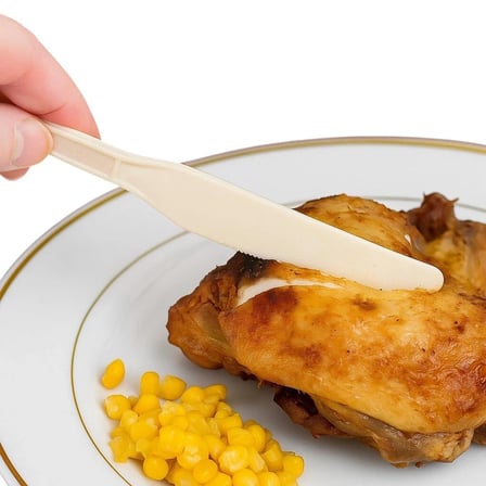 Hand using a beige disposable knife to cut chicken on a plate