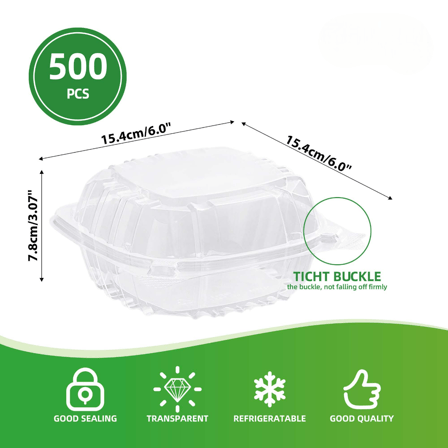 6" Clear Plastic Hinged Take-Out Containers 5.94" x 5.83" x 3" - (500/Case)