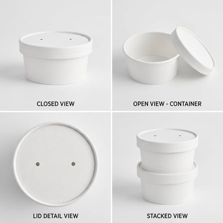 6 oz White Double Poly-Coated Paper Food Cup with Vented Paper Lid Showing from Diffrent Angles.png
