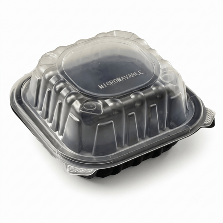 6" x 6" Black & Clear Microwavable PP Plastic Hinged Container, 1-Compartment - (250/Case) - Image 1 of 1