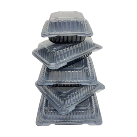 Stack of Black PP plastic hinged containers with clear vented lids.jpg