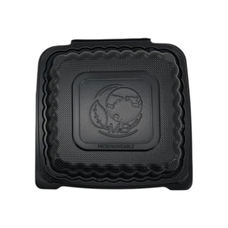6 x 6 Black TFPP plastic clamshell to-go container with closed lid.jpg