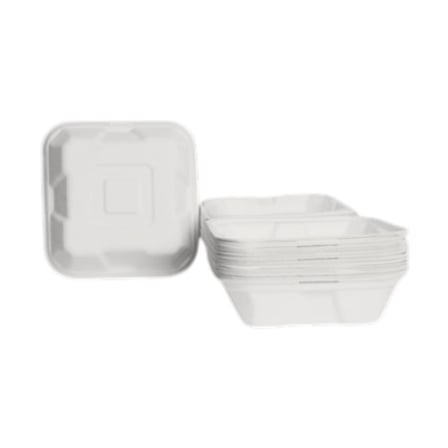 Stack of 6 x 6 white heavy duty compostable clamshell containers for food packaging.jpg