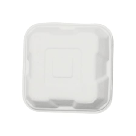 6 x 6 Heavy duty compostable bagasse clamshell to-go container, white.jpg