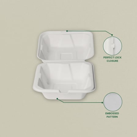 6 x 6 Heavy duty compostable bagasse clamshell to-go container with secure lock closure and embossed pattern.jpg