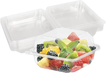6'' x 6'' x 4'' Clear PET plastic hinged container with fruits.jpg
