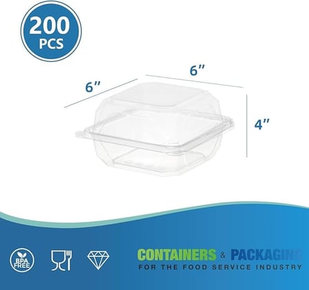 6'' x 6'' x 4'' Clear PET plastic hinged container shown with dimensions.jpg