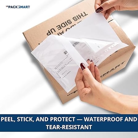 Hands applying clear packing list envelope on cardboard box