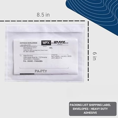 6" x 8.5" Clear shipping label pouch​ showing dimensions