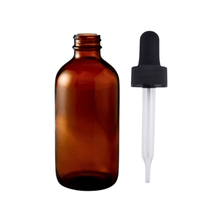 60 ml (2 oz) Amber Boston Round Glass Bottle with 20-400 Black Non-CRC Dropper – Straight Tip Glass Pipette