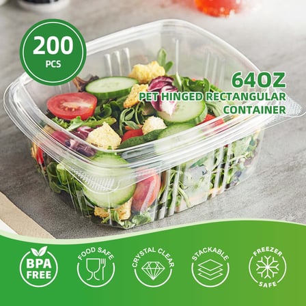 64 oz. Clear PET hinged deli container filled with vegetable salad.jpg