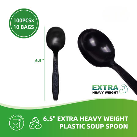 6.5" Black Extra Heavy Weight Plastic Soup Spoons - (1000/Case)