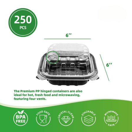 6" x 6" Microwaveable 1-Compartment Black Base with Clear Hinged Lid Plastic Take-out Containers - (250/Case)