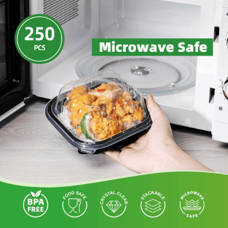 6" x 6" Microwaveable 1-Compartment Black Base with Clear Hinged Lid Plastic Take-out Containers - (250/Case)