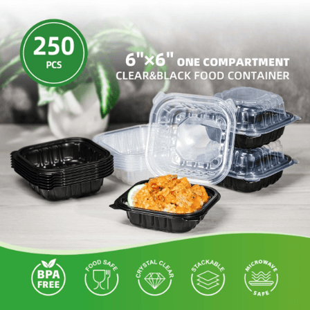 6" x 6" Microwaveable 1-Compartment Black Base with Clear Hinged Lid Plastic Take-out Containers - (250/Case)