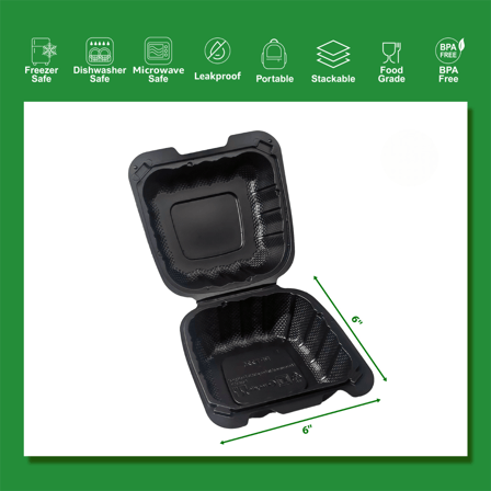 6" x 6" 1-Compartment Microwaveable Black Mineral-Filled Plastic Hinged Take-Out Containers - (250/Case)