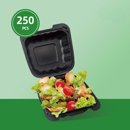 6" x 6" 1-Compartment Microwaveable Black Mineral-Filled Plastic Hinged Take-Out Containers - (250/Case)