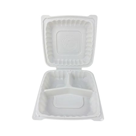 3-Compartment 7.5 x 7.5 White TFPP Plastic Clamshell To-Go Container.jpg