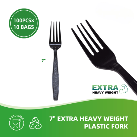 7" Black Extra Heavy Weight Plastic Forks - (1000/Case)