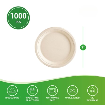 7'' PFAS free natural compostable bagasse round plates cup shown with dimensions..jpg