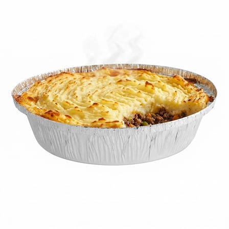 7 Inch Round aluminum foil pan with baked shepherd's pie..jpg