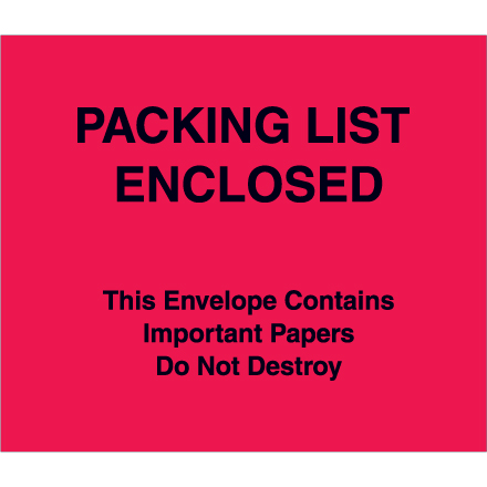7 x 6" Red "Packing List Enclosed" Important Papers Enclosed Envelopes (Paper Face)
