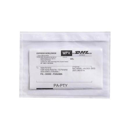 A shipping label is inserted into a clear self-adhesive shipping label pouch