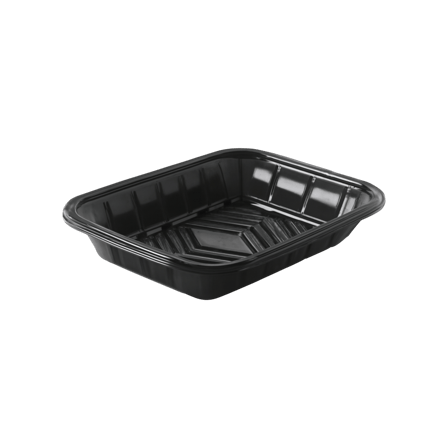 8 3/5" x 6 3/10" x 1" Black PET plastic meat tray.png