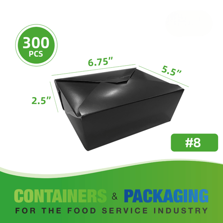 #8 Black Microwavable Folded Paper Take-Out Containers 6.75" x 5.5" x 2.5" - (300/Case)