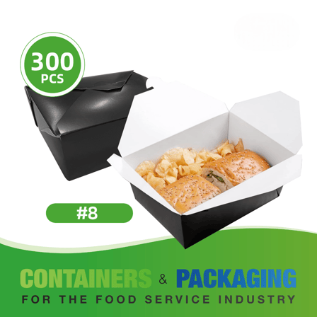 #8 Black Microwavable Folded Paper Take-Out Containers 6.75" x 5.5" x 2.5" - (300/Case)