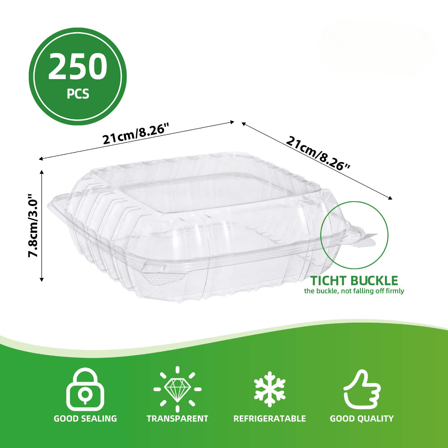 8" Clear Plastic Hinged Take-Out Containers 8.26" x 8.26" x 3.0" - (250/Case)