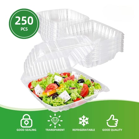 8" Clear Plastic Hinged Take-Out Containers 8.26" x 8.26" x 3.0" - (250/Case)