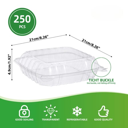 8" Clear Plastic Hinged Take-Out Containers Shallow 8.26" x 8.26" x 1.9" - (250/Case)