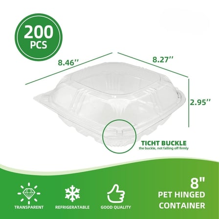 8 x 8 Inches Clear PET Plastic Hinged Take-Out Container Showing with Dimensions.jpg