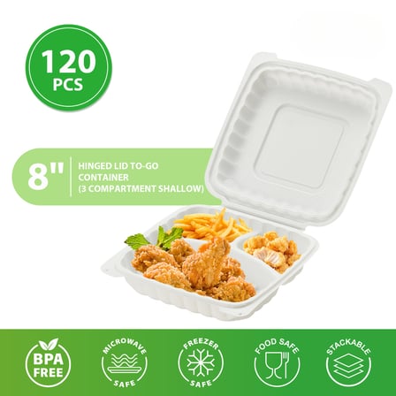 8" x 8" x 2.79" 3-Compartment Microwaveable White Mineral-Filled Plastic Hinged Take-Out Containers Shallow - (120/Case)