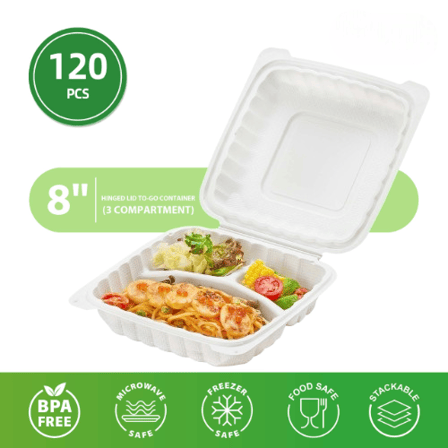 8" x 8" x 3" 3-Compartment Microwaveable White Mineral-Filled Plastic Hinged Take-Out Containers - (120/Case)