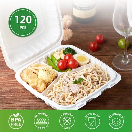 8" x 8" x 3" 3-Compartment Microwaveable White Mineral-Filled Plastic Hinged Take-Out Containers - (120/Case)
