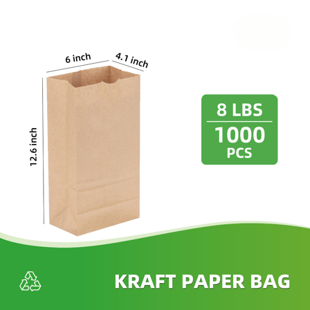 8 lb Kraft Paper Bags 6" x 4.1" x 12.6" - (1000/Case)