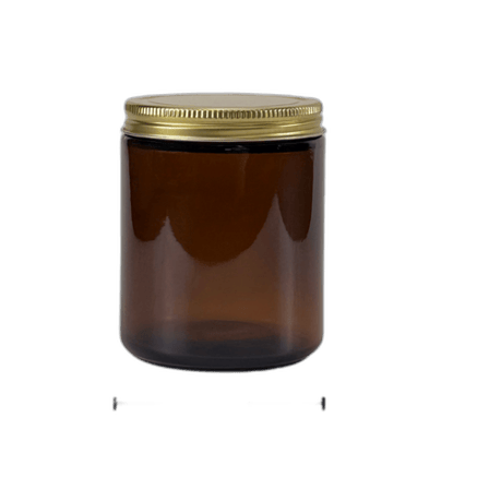8 oz. Amber Glass 70-400 Straight Sided Round Jar with Gold Metal Lid
