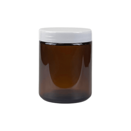 8 oz. Amber Glass 70-400 Straight Sided Round Jar with PP White Lid