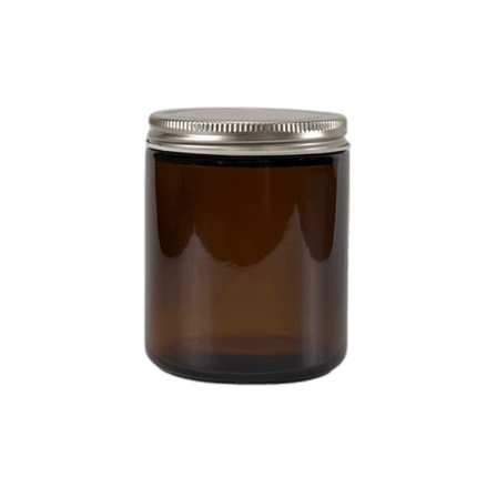 8 oz. Amber Glass 70-400 Straight Sided Round Jar with Silver Metal Lid