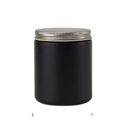 8 oz. Black Matte Glass 70-400 Straight Sided Round Jar with Silver Metal