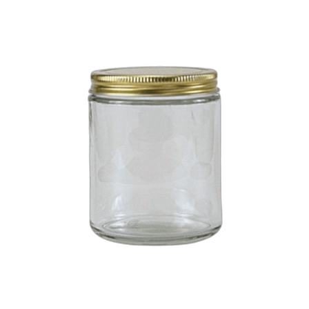 8 oz. Clear Glass 70-400 Straight Sided Round Jar with Gold Metal Lid