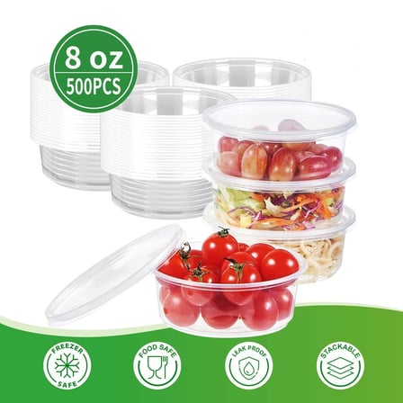 8 Ounces clear deli containers with lids, shown with fresh food and 500-piece packaging..jpg