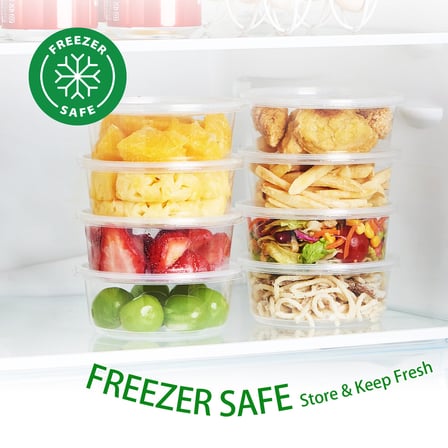 8 Ounces deli containers filled with assorted fresh foods in a freezer..jpg