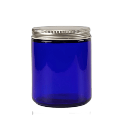 8 oz. Cobalt Blue Glass 70-400 Straight Sided Round Jar with Silver Metal Lid