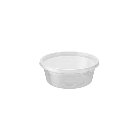 Translucent 8 oz microwavable plastic deli container with a secure lid