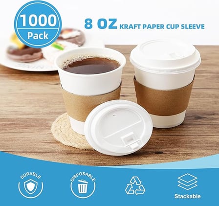 8 oz. Two white paper coffee cups with kraft sleeves and lids on a wooden table.jpg
