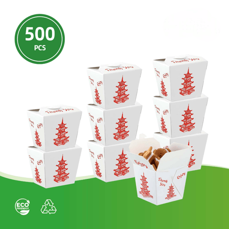 8 oz. Pagoda Print White Chinese Microwavable Paper Take Out Containers - (500/Case)