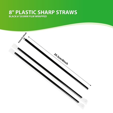 8" Black Plastic Sharp Straws Film Wrapped - (7200/Case)